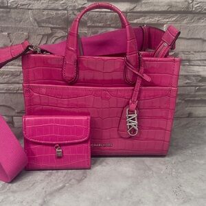 Michael Kors Gigi Croc-Embossed Satchel Cerise Pink